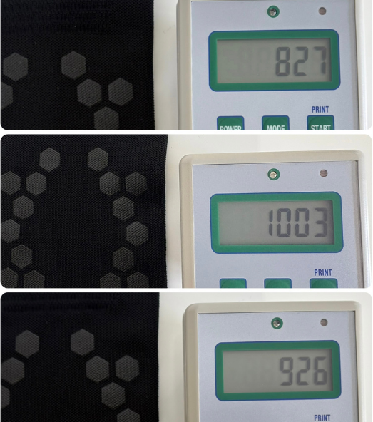 膝シャキを測定したメーカー資料の測定器写真3枚。Tシャツの測定ではありません