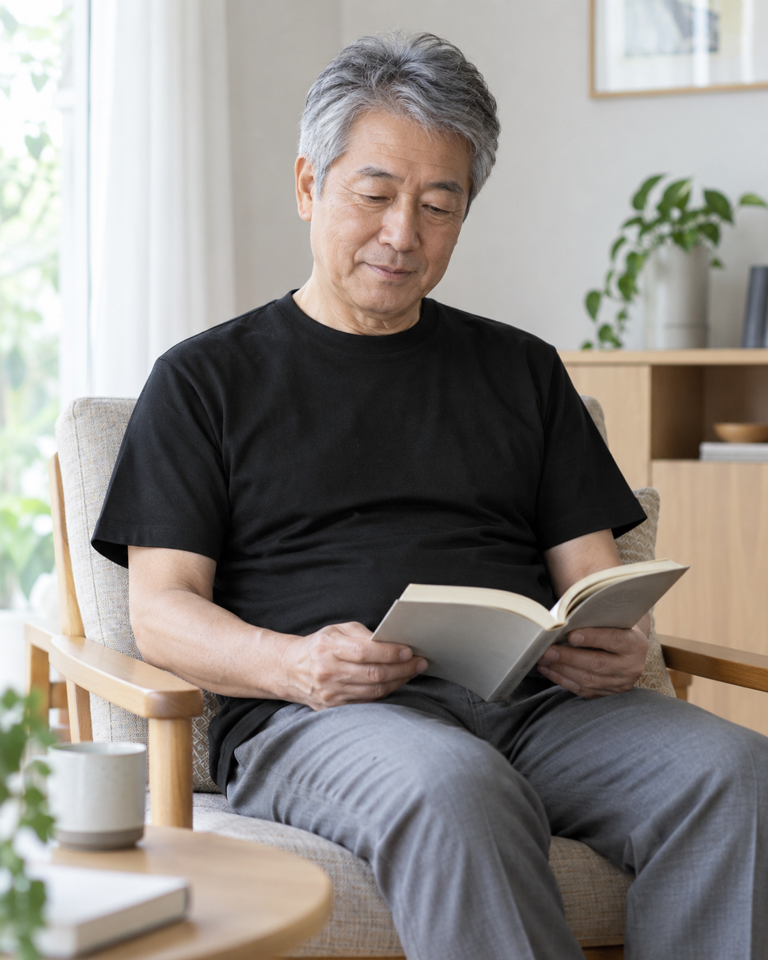黒いTシャツを着て自宅で読書をする架空の人物。生成による着用場面の仮イメージ