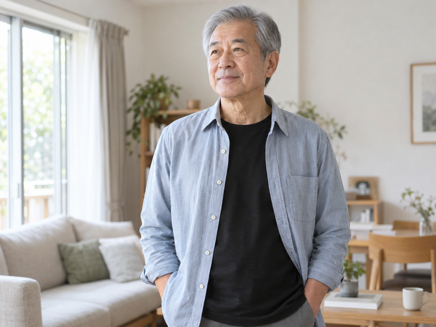 黒いTシャツにシャツを羽織った架空の人物。生成による着用場面の仮イメージ